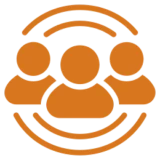 Three orange silhouettes in a circle